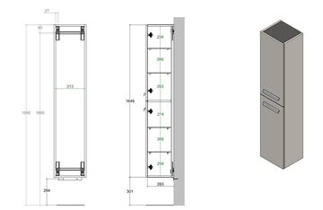 CONCEPT 200/300 vysoká skrinka 35x30, 3x164, 9 cm, 2 dvierka, dub metz HSCO200RX1417 Technický nákres