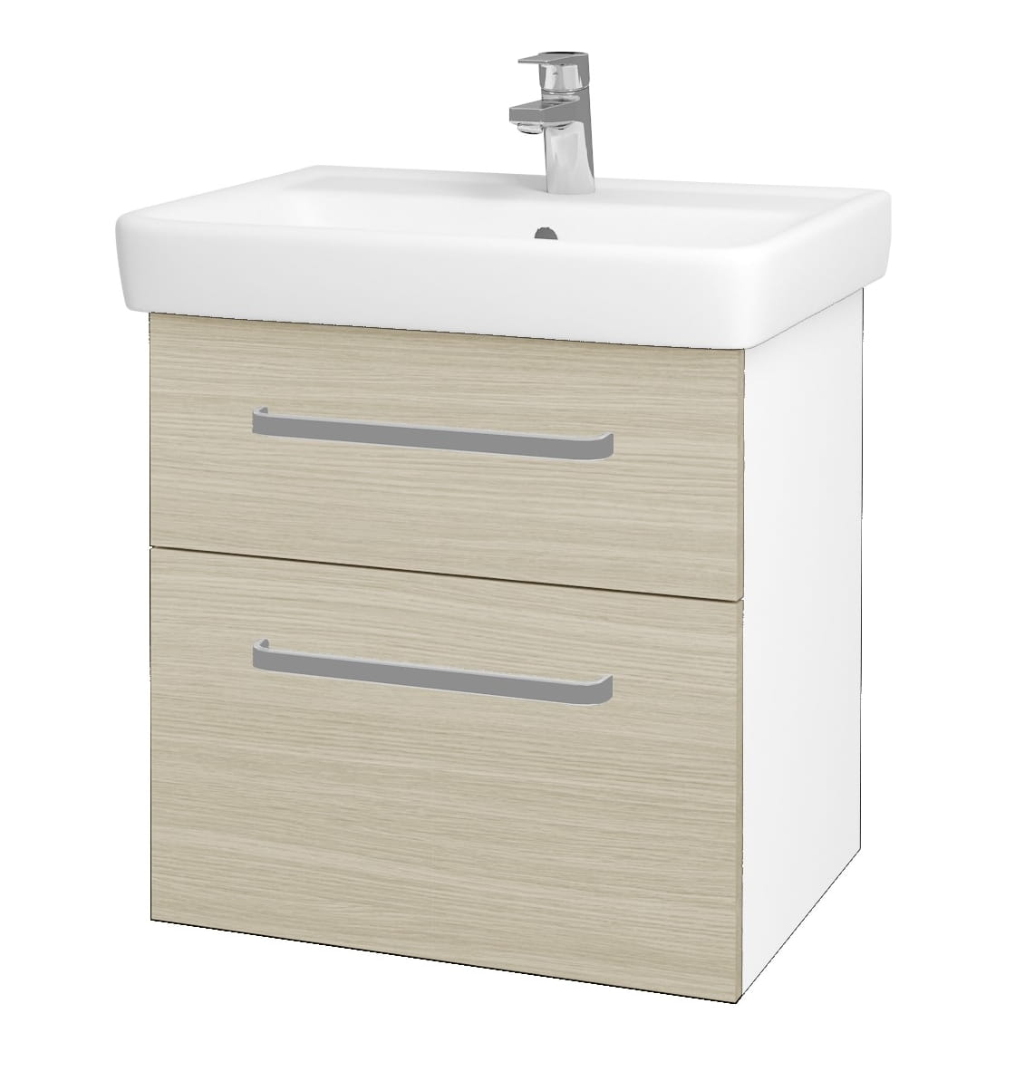 DŘEVOJAS Q MAX SZZ2 60 skrinka s umývadlom 60x47,5x56 cm, 2 zásuvky, úchytka hliník mat, lesklá biela/dub