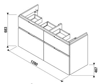 JIKA CUBITO PURE skrinka pod dvojumývadlo 128x46,7x68,3 cm, 4 zásuvky, Push-open, lesklá biela H40J4274025001 Technický nákres
