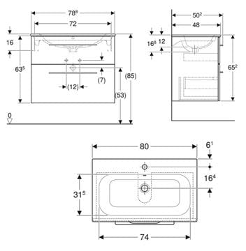 GEBERIT SELNOVA SQUARE skrinka s umývadlom 80x48x65, 2 cm, 2 zásuvky, lesklá biela 501.240.00.1 Technický nákres