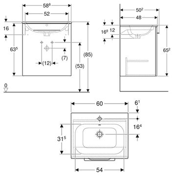 GEBERIT SELNOVA SQUARE skrinka s umývadlom 60x48x65, 2 cm, 1 dvierka, matná lávová 501.253.00.1 Technický nákres