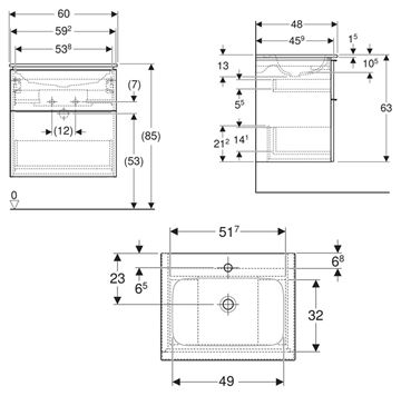 GEBERIT ICON skrinka s umývadlom 60x48x63 cm, 2 zásuvky, lesklá biela 502.335.01.2 Technický nákres