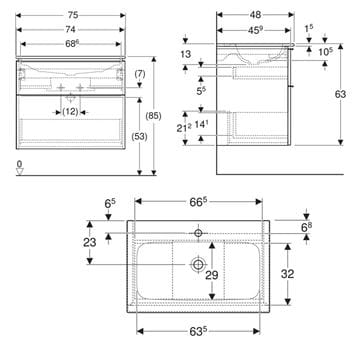 GEBERIT ICON skrinka s umývadlom 75x48x63 cm, 2 zásuvky, lesklá biela 502.336.01.1 Technický nákres