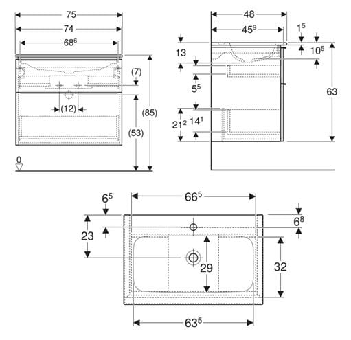 GEBERIT ICON skrinka s umývadlom 75x48x63 cm, 2 zásuvky, lesklá biela 502.336.01.1 Technický nákres