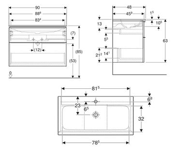 GEBERIT ICON skrinka s umývadlom 90x48x63 cm, 2 zásuvky, lesklá biela 502.337.01.1 Technický nákres