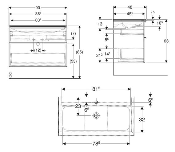 GEBERIT ICON skrinka s umývadlom 90x48x63 cm, 2 zásuvky, matná biela 502.337.01.3 Technický nákres