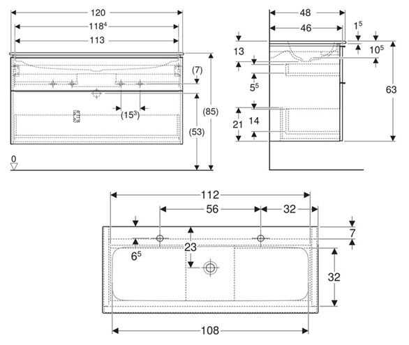 GEBERIT ICON skrinka s umývadlom 120x48x63 cm, 2 zásuvky, lesklá biela 502.338.01.1 Technický nákres