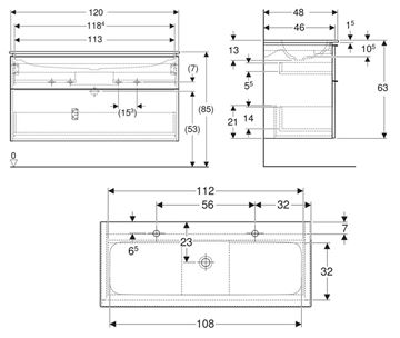 GEBERIT ICON skrinka s umývadlom 120x48x63 cm, 2 zásuvky, lesklá biela 502.338.01.1 Technický nákres