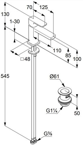 KLUDI RENON umývadlová stojanková batéria, s odtokovou súpravou, EcoPlus, chróm 422670575 Technický nákres