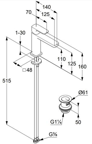 KLUDI RENON umývadlová stojanková batéria, s odtokovou súpravou, EcoPlus, chróm 422890575 Technický nákres