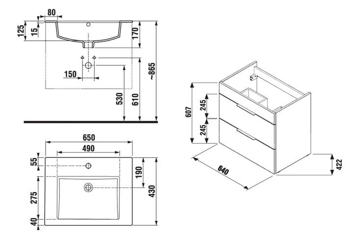 JIKA CUBE skrinka s umývadlom 65x43x62,2 cm, 2 zásuvky, biela H4536021763001 Technický nákres