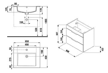 JIKA CUBE skrinka s umývadlom 65x43x62,2 cm, 2 zásuvky, biela H4536021763001 Technický nákres