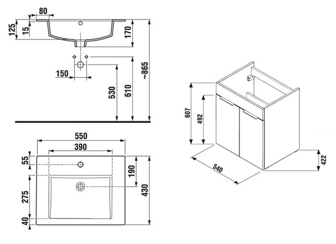 JIKA CUBE skrinka s umývadlom 55x43x62,2 cm, 2 dvierka, biela H4536111763001 Technický nákres