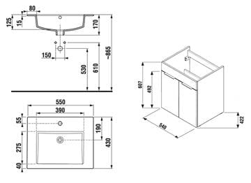 JIKA CUBE skrinka s umývadlom 55x43x62,2 cm, 2 dvierka, biela H4536111763001 Technický nákres