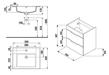 JIKA CUBE skrinka s umývadlom 55x43x62, 2 cm, 2 zásuvky, biela H4536121763001 Technický nákres