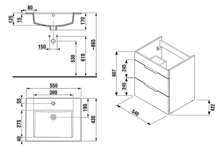 JIKA CUBE skrinka s umývadlom 55x43x62, 2 cm, 2 zásuvky, biela H4536121763001 Technický nákres