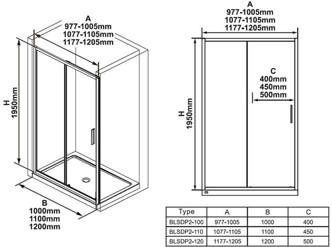 RAVAK BLIX SLIM BLSDP2 100 sprchové dvere 100x195 cm, posuvné, chróm lesk / sklo transparent X0PMA0C00Z1 Technický nákres