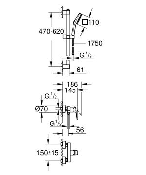 GROHE CUBEO sprchový set s nástennou batériou, ručná sprcha s 2 prúdmi, tyč, hadica, Water Saving, chróm 1018250000 Technický nákres