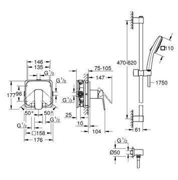 GROHE CUBEO sprchový set s podomietkovou batériou, ručná sprcha, tyč, hadica, nástenné kolienko, chróm 1053350000 Technický nákres