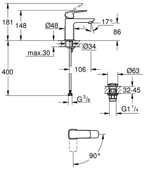 GROHE CUBEO umývadlová stojanková batéria, s odtokovou súpravou, Water Saving, SilkMove ES, chróm 1017320000 Technický nákres