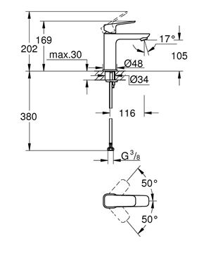 GROHE CUBEO umývadlová stojanková batéria, Water Saving, chróm 1017550000 Technický nákres