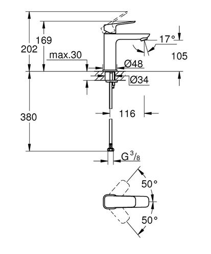GROHE CUBEO umývadlová stojanková batéria, Water Saving, chróm 1017550000 Technický nákres