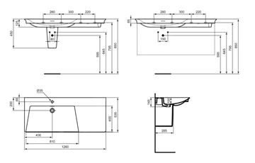 IDEAL STANDARD LA DOLCE VITA umývadlo 126 cm, s otvorom pre batériu vľavo a prepadom E263201 Technický nákres