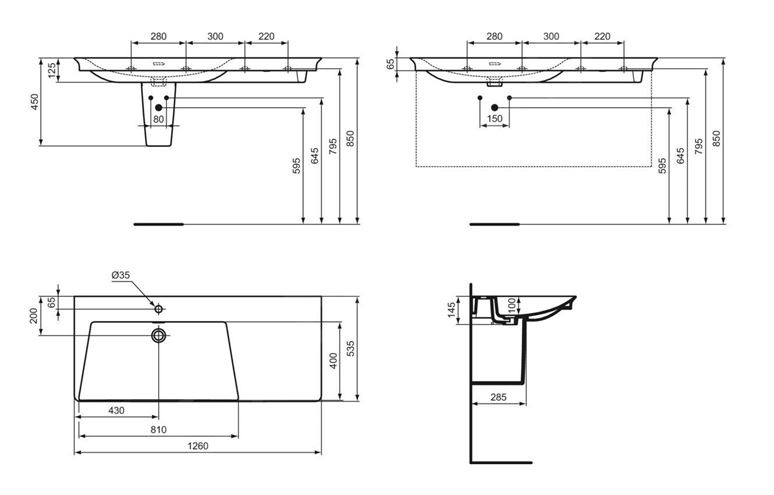 IDEAL STANDARD LA DOLCE VITA umývadlo 126 cm, s otvorom pre batériu vľavo a prepadom E263201 Technický nákres