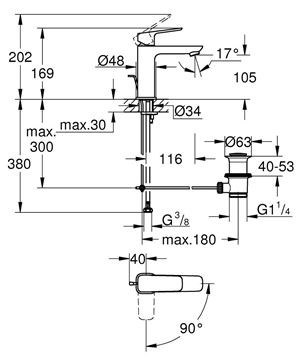 GROHE CUBEO umývadlová stojanková batéria, s odtokovou súpravou, Water Saving, SilkMove ES, chróm 1017560000 Technický nákres