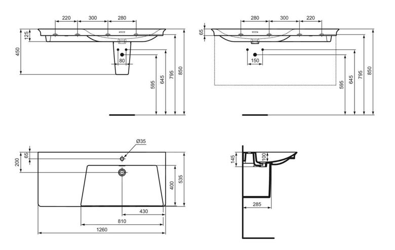 IDEAL STANDARD LA DOLCE VITA umývadlo 126 cm, s otvorom pre batériu vpravo a prepadom E263301 Technický nákres