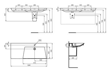 IDEAL STANDARD LA DOLCE VITA umývadlo 126 cm, s otvorom pre batériu vpravo a prepadom E263301 Technický nákres