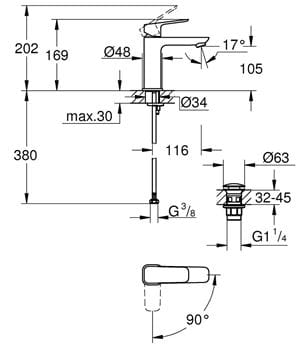 GROHE CUBEO umývadlová stojanková batéria, s odtokovou súpravou, Water Saving, SilkMove ES, chróm 1017570000 Technický nákres