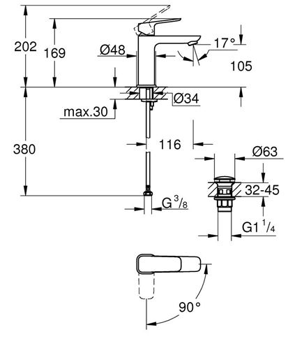 GROHE CUBEO umývadlová stojanková batéria, s odtokovou súpravou, Water Saving, SilkMove ES, matte black 1017572430 Technický nákres