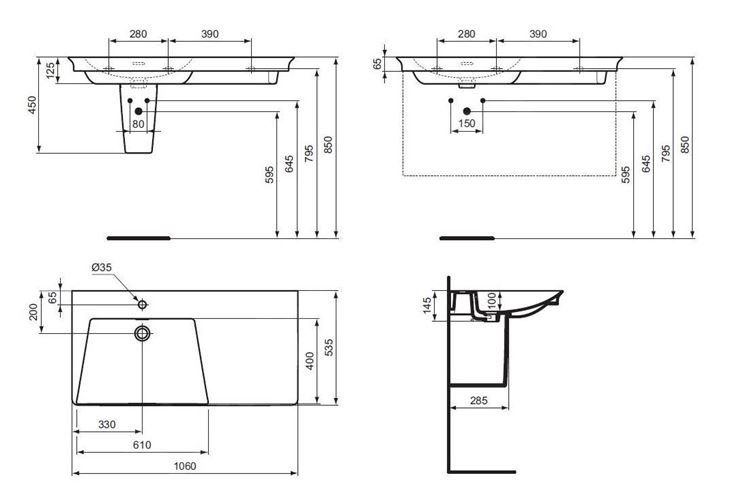 IDEAL STANDARD LA DOLCE VITA umývadlo 106 cm, s otvorom pre batériu vľavo a prepadom E264601 Technický nákres