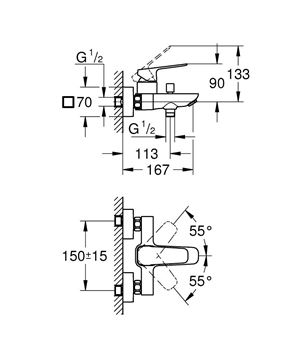 GROHE CUBEO vaňová nástenná batéria, s prepínačom, chróm 1018130000 Technický nákres
