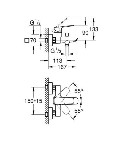 GROHE CUBEO vaňová nástenná batéria, s prepínačom, chróm 1018130000 Technický nákres