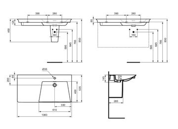 IDEAL STANDARD LA DOLCE VITA umývadlo 106 cm, s otvorom pre batériu vpravo a prepadom E264701 Technický nákres