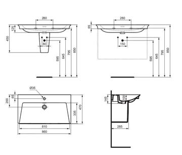IDEAL STANDARD LA DOLCE VITA umývadlo 86 cm, s otvorom pre batériu a prepadom E262901 Technický nákres