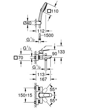 GROHE CUBEO vaňová nástenná batéria, s prepínačom, so sprchovou súpravou, chróm 1018140000 Technický nákres