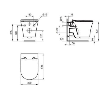IDEAL STANDARD LA DOLCE VITA závesné WC, AquaBlade splachovanie E263401 Technický nákres