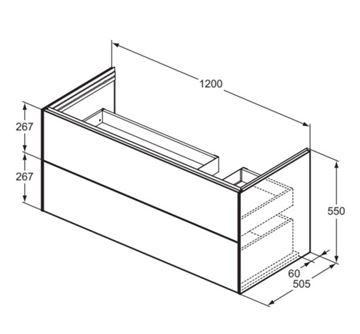 IDEAL STANDARD LA DOLCE VITA 2 skrinka pod umývadlo 120x50,5x54,8 cm, 2 zásuvky, dub dymový T5583Y4 Technický nákres