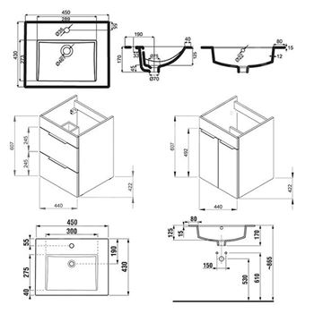 JIKA CUBE skrinka s umývadlom 45x43x62, 2 cm, 2 zásuvky, lesklá biela H4536221763001 Technický nákres