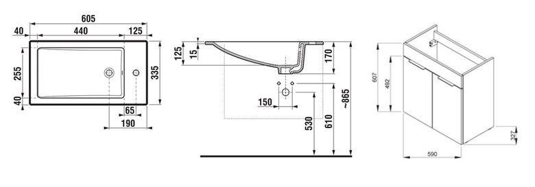 JIKA CUBE skrinka s umývadlom 60x34x62, 2 cm, 2 dvierka, biela H4536311763001 Technický nákres