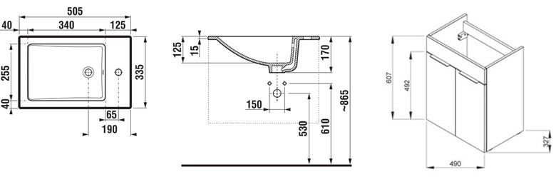 JIKA CUBE skrinka s umývadlom 50x34x62, 2 cm, 2 dvierka, biela H4536411763001 Technický nákres