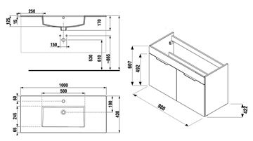 JIKA CUBE skrinka s umývadlom 100x43x62,2 cm, 2 dvierka, biela H4536511763001 Technický nákres
