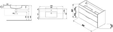 JIKA CUBE skrinka s umývadlom 100x43x62, 2 cm, 2 zásuvky, biela H4536521763001 Technický nákres