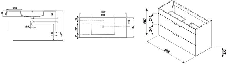 JIKA CUBE skrinka s umývadlom 100x43x62, 2 cm, 2 zásuvky, biela H4536521763001 Technický nákres