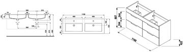 JIKA CUBE skrinka s dvojumývadlom 118x43x62,2 cm, 4 zásuvky, biela H4536621763001 Technický nákres