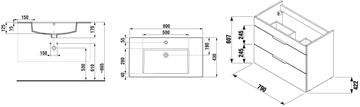 JIKA CUBE skrinka s umývadlom 80x43x62, 2 cm, 2 zásuvky, biela H4537621763001 Technický nákres