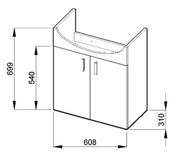 JIKA LYRA PLUS skrinka s umývadlom 60,8x31x69,9 cm, 2 dvierka, biela H4519614323001 Technický nákres